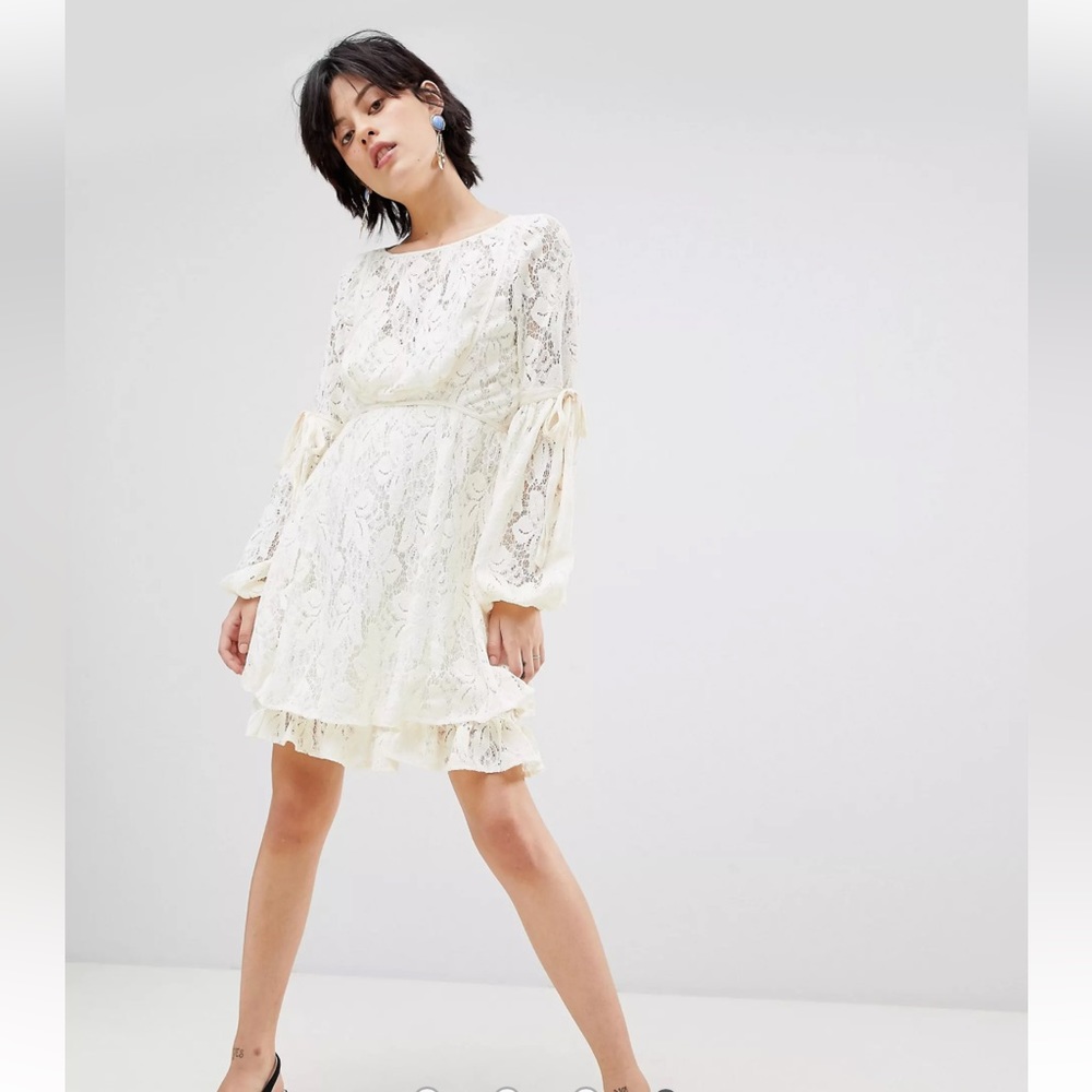 ✨NEW FREE PEOPLE RUBY LACE DRESS WITH SLEEVE TIES IVORY L